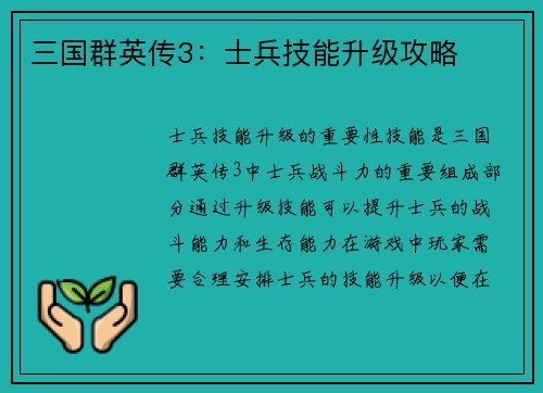 三国群英传3：士兵技能升级攻略